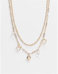 Золотистое ожерелье в несколько рядов с цепочкой плетения снейк и подвесками в виде сердечка и искус Topshop