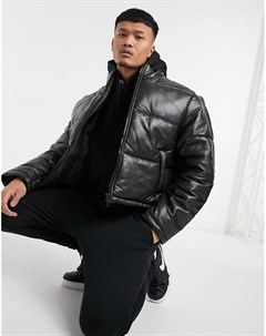 Укороченная дутая куртка из кожи черного цвета Asos design