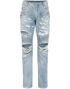 Байкерские джинсы узкого кроя с прорванными деталями Balmain