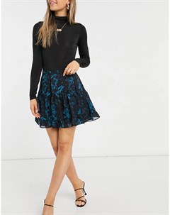Свободная легкая юбка мини черного цвета с синим цветочным принтом Vara Allsaints