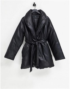 Черная дутая куртка из искусственной кожи с поясом Asos design