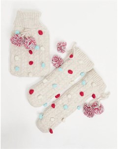 Новогодние грелка и носки светло бежевого цвета с помпонами Asos design