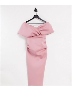 Бледно розовое облегающее платье миди с запахом на лифе и открытыми плечами True violet maternity