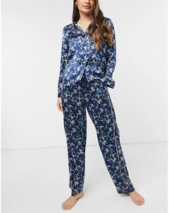 Темно синяя атласная пижама с цветочным принтом Vero moda