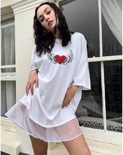 Винтажное платье футболка с подолом из органзы и графическим принтом в виде сердца Milk it