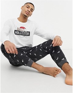 Подарочный комплект одежды для дома из джоггеров и лонгслива с новогодним логотипом Hollister