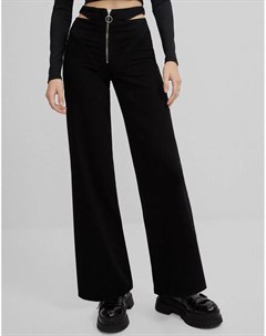 Черные джинсы с широкими штанинами и вырезами Bershka