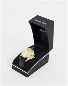 Золотистые часы с черным кожаным ремешком Sekonda
