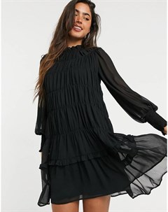 Черное шифоновое платье мини с ярусной юбкой и высоким воротом Vero moda