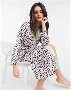 Длинный пижамный халат с леопардовым принтом и отделкой шалфейно зеленого цвета Liquorish