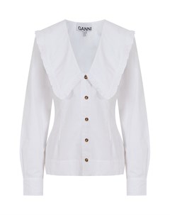 Белая хлопковая блузка с V образным вырезом Ganni