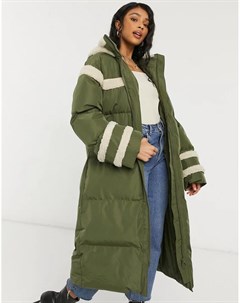 Длинный пуховик цвета хаки с отделкой из искусственного меха Asos design