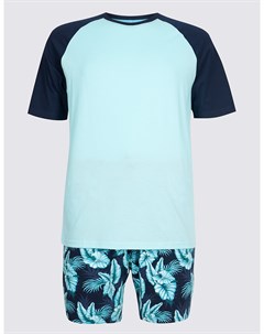 Пижама мужская из 100 хлопка топ с коротким рукавом и шорты с растительным принтом Marks & spencer