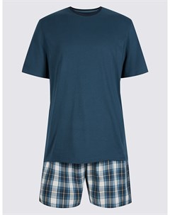 Пижама мужская из 100 хлопка однотонная майка и шорты в клеточку Marks & spencer