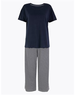 Укороченный хлопковый пижамный комплект в полоску Marks & spencer