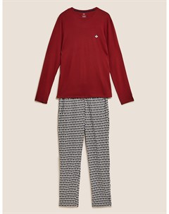 Хлопковый пижамный комплект с изображением барсука и геометрическим принтом Marks & spencer