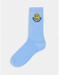 Голубые носки до середины икры с вышивкой смайлика Asos design
