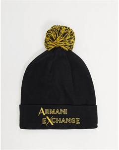 Черно желтая шапка бини с помпоном и логотипом Armani exchange