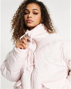 Розовое дутое пальто с надписью The couture club