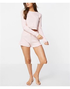 Нежно розовый комплект в рубчик лонгслив и шорты с рюшами Loungewear Threadbare