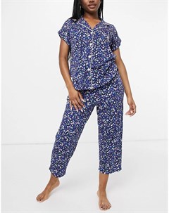Темно синяя пижама в цветочек с брюками капри и рубашкой с лацканами Lauren by ralph lauren