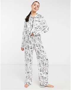 Удлиненный атласный пижамный комплект с абстрактным принтом с лицами Night