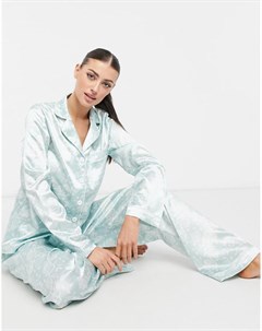 Удлиненный атласный пижамный комплект шалфейно зеленого цвета с цветочным принтом Night