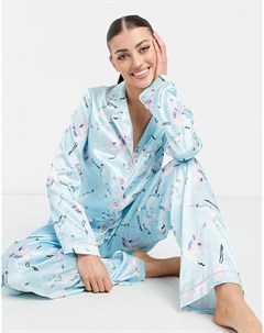 Удлиненная атласная пижама с принтом с цаплями голубого цвета Night