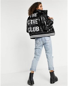 Черная укороченная дутая куртка с бархатными вставками и логотипом The couture club