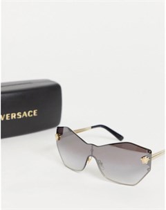 Солнцезащитные очки черно золотистого цвета с шестиугольными линзами без оправы Versace