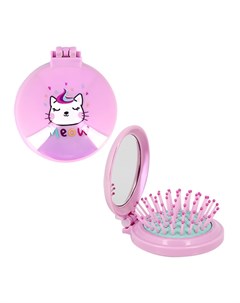 Расческа для волос с зеркалом складная с принтом розовый котик Miss pinky