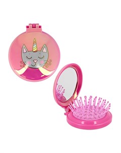 Расческа для волос с зеркалом складная с принтом малиновый котик Miss pinky