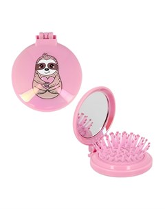 Расческа для волос с зеркалом складная с принтом розовая ленивец Miss pinky