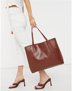 Темно коричневая сумка тоут в форме трапеции без подкладки с эффектом крокодиловой кожи Claudia canova