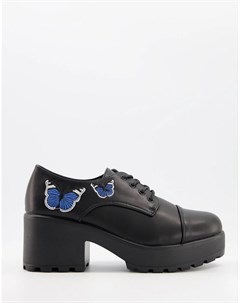 Черные туфли из экокожи на каблуке с синими бабочками Koi footwear