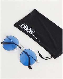 Круглые солнцезащитные очки с серебристой металлической оправой и голубыми линзами Asos design