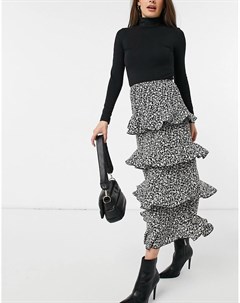 Ярусная юбка мидакси с рюшами и черным цветочным принтом Skylar rose