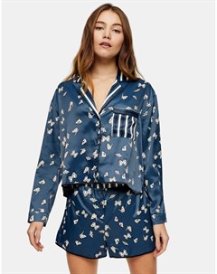 Атласный пижамный комплект темно синего цвета с принтом бабочек Topshop