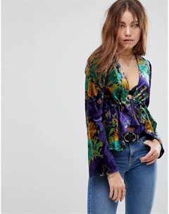 Бархатная рубашка с цветочным принтом и глубоким вырезом Glamorous