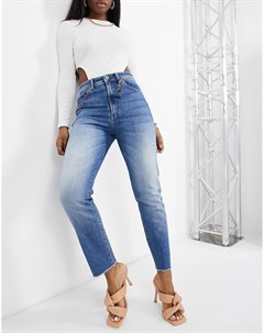 Синие выбеленные моделирующие джинсы с завышенной талией и вышивкой x Barbie Salsa
