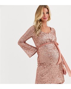Короткое приталенное платье с отделкой пайетками цвета розового золота и поясом Maternity Queen bee