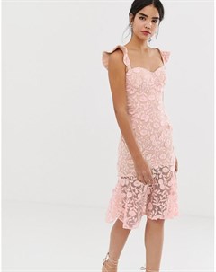 Розовое кружевное платье миди с вышивкой и отделкой на плечах Jarlo