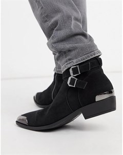 Черные ботинки челси в стиле вестерн из искусственной замши на кубинском каблуке с пряжками Asos design