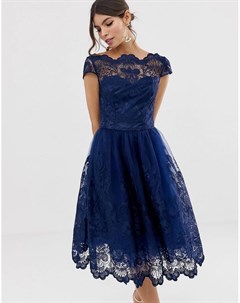 Темно синее кружевное платье миди премиум качества с короткими рукавами Chi chi london