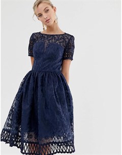 Темно синее кружевное платье премиум качества с вырезами и короткими рукавами Chi chi london