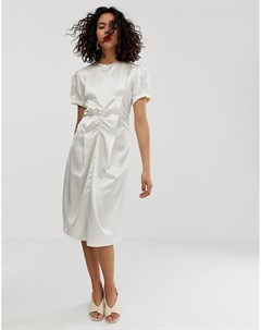 Атласное платье миди со сборками Asos white