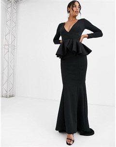 Черное платье макси с глубоким вырезом и длинными рукавами Black Label True violet