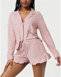 Мягкая розовая пижама с короткими шортами и принтом в горошек New look