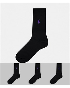 Набор из 3 пар черных носков из шелковистого хлопка с логотипом в виде игрока в поло Polo ralph lauren