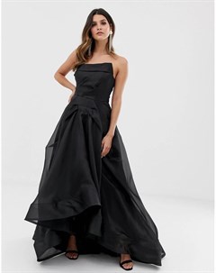 Черное пышное платье макси с отделкой из органзы на лифе Bariano